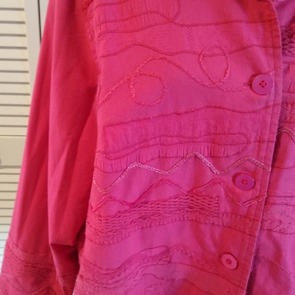 Coldwater Creek 2X Bright Pink Embroidered Button-Up Cotton Shirt Blouse - Picture 6 of 9